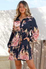 Anora Mini Dress - Collared Long Sleeve Dress with Pull Tie Waist in Vela Print Navy