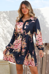 Anora Mini Dress - Collared Long Sleeve Dress with Pull Tie Waist in Vela Print Navy