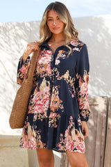 Anora Mini Dress - Collared Long Sleeve Dress with Pull Tie Waist in Vela Print Navy