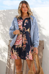 Anora Mini Dress - Collared Long Sleeve Dress with Pull Tie Waist in Vela Print Navy
