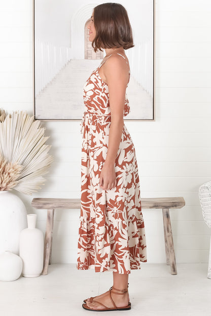 Ansel Midi Dress - Adjustable Strap Sun Dress in Charis Print Rust