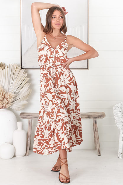 Ansel Midi Dress - Adjustable Strap Sun Dress in Charis Print Rust