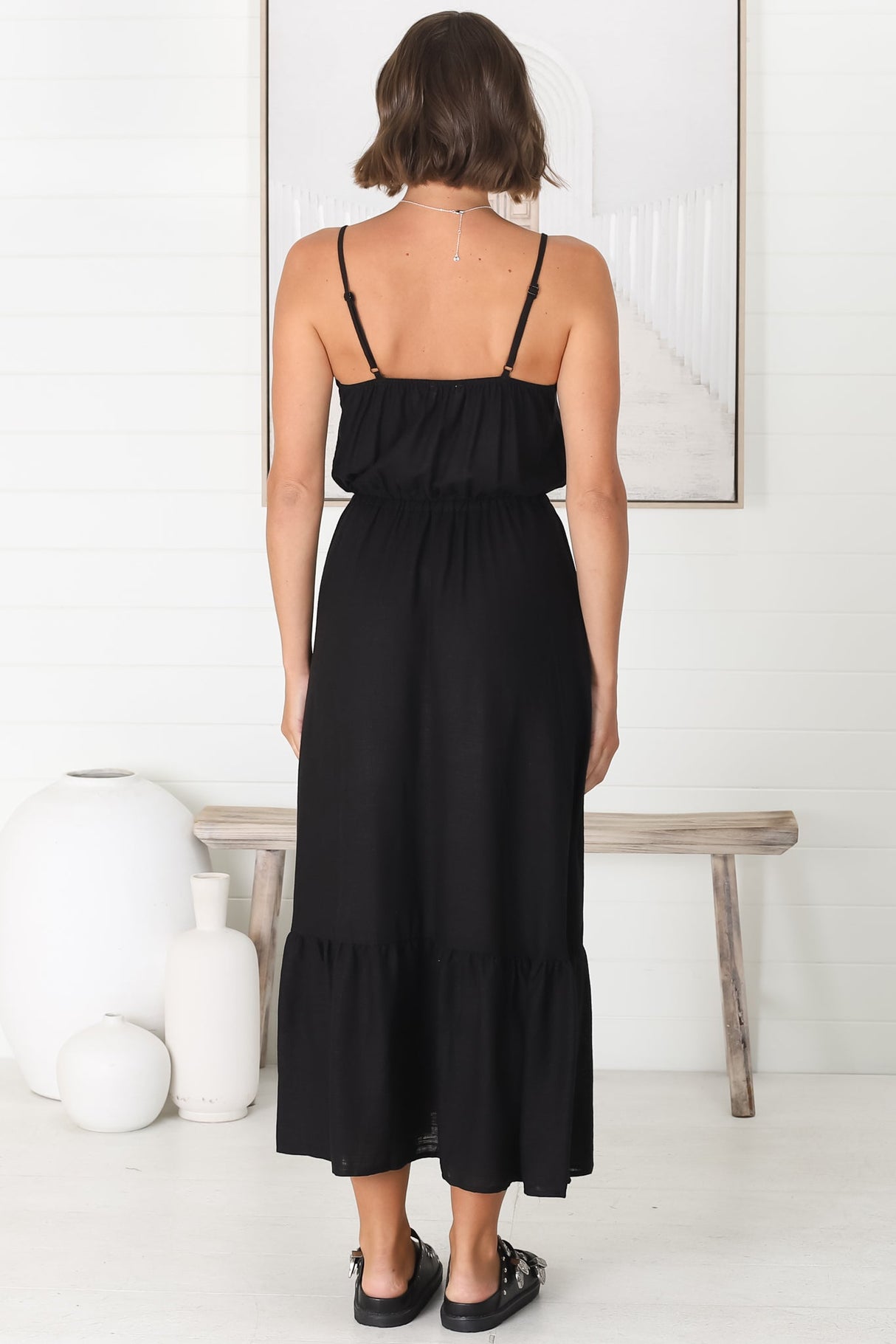 Ansel Midi Dress - Adjustable Strap Linen Sun Dress in Livvy Black