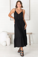 Ansel Midi Dress - Adjustable Strap Linen Sun Dress in Livvy Black