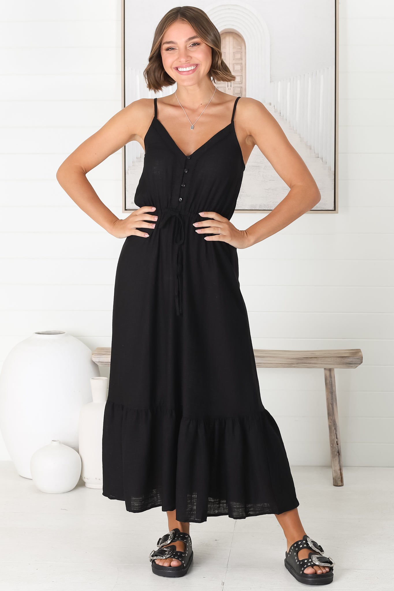 Ansel Midi Dress - Adjustable Strap Linen Sun Dress in Livvy Black