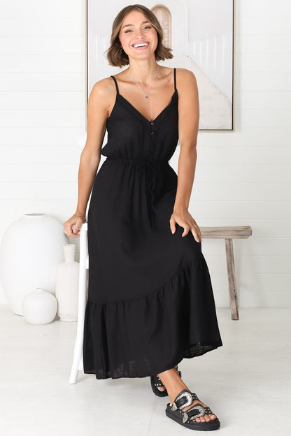 Ansel Midi Dress - Adjustable Strap Linen Sun Dress in Livvy Black