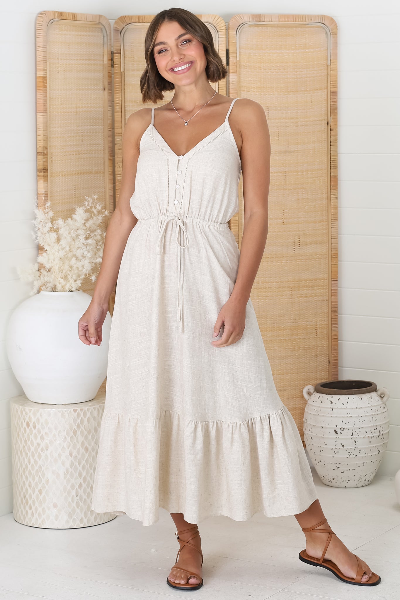 Ansel Midi Dress - Adjustable Strap Linen Sun Dress in Livvy Oat