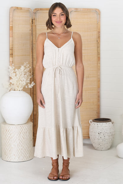 Ansel Midi Dress - Adjustable Strap Linen Sun Dress in Livvy Oat
