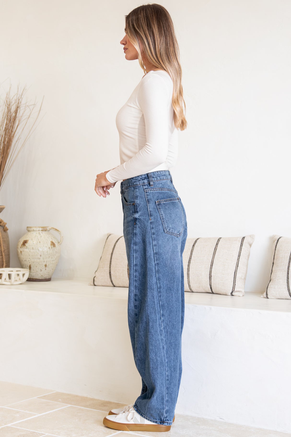 Antoni Barrel Jeans - Mid Rise Whisker Stripe Jeans in Mid Denim Wash
