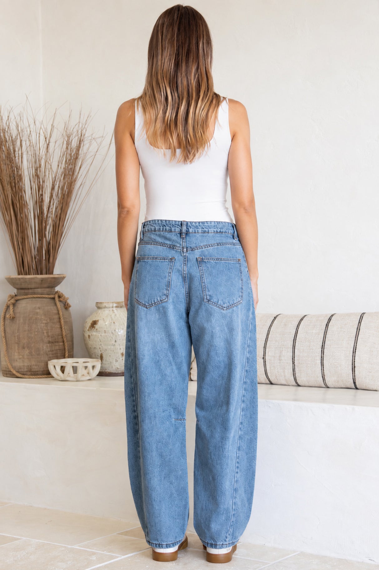 Antoni Barrel Jeans - Mid Rise Whisker Stripe Jeans in Light Denim Wash