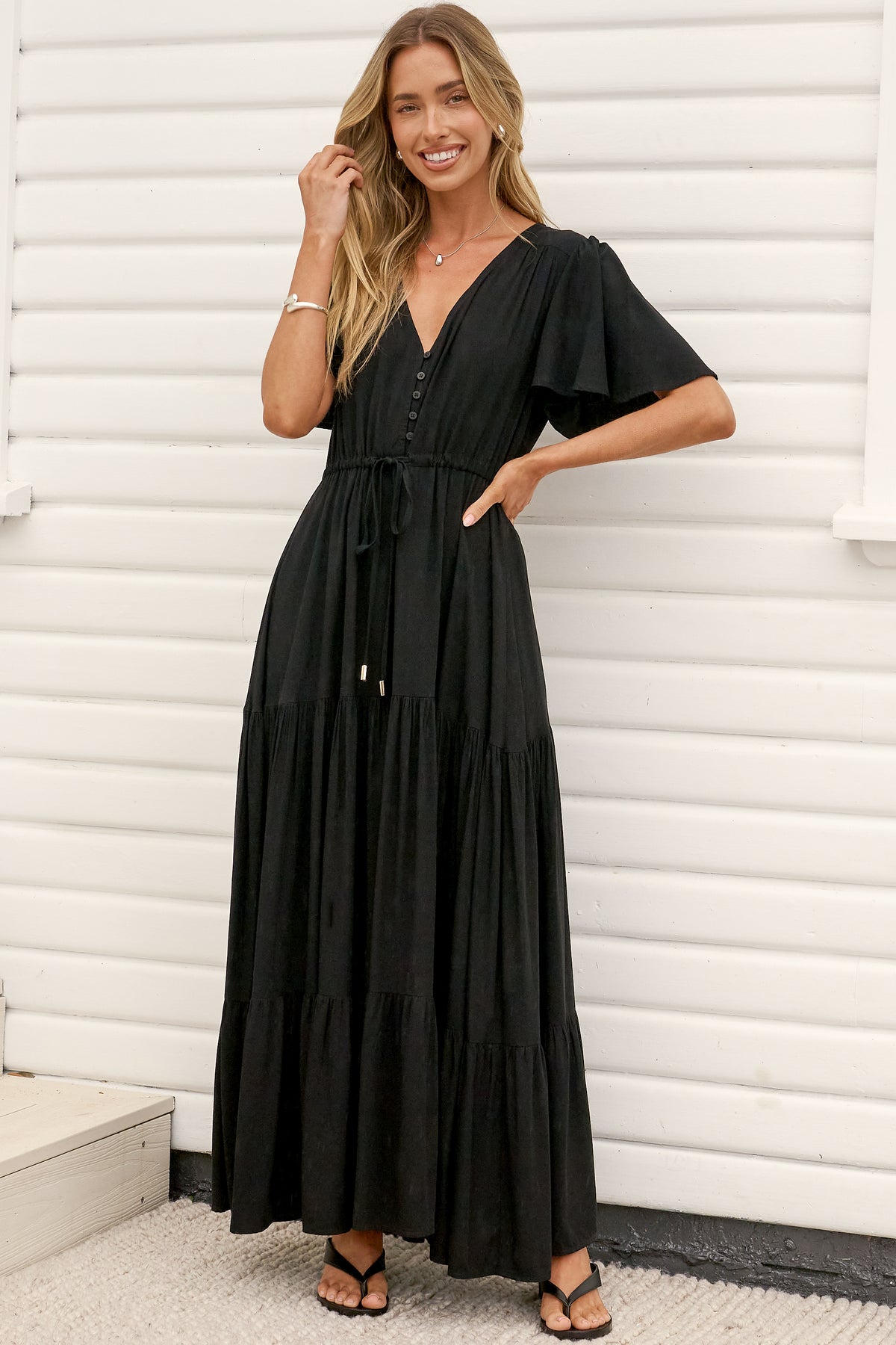 Anya Maxi Dress - Flutter Cap Sleeve Pull Tie Waist Dress in Black