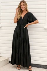 Anya Maxi Dress - Flutter Cap Sleeve Pull Tie Waist Dress in Black