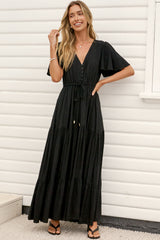 Anya Maxi Dress - Flutter Cap Sleeve Pull Tie Waist Dress in Black