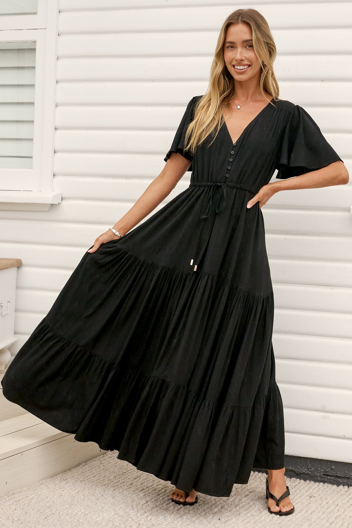 Anya Maxi Dress - Flutter Cap Sleeve Pull Tie Waist Dress in Black