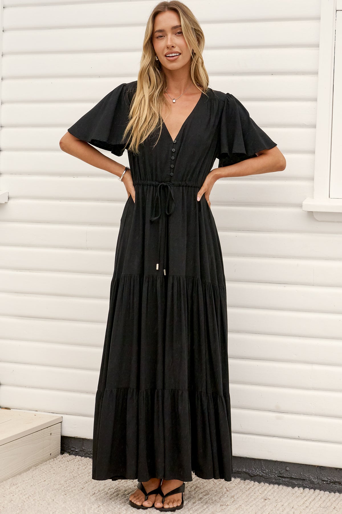 Anya Maxi Dress - Flutter Cap Sleeve Pull Tie Waist Dress in Black