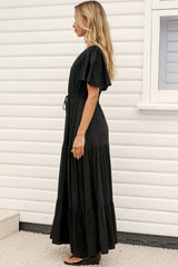 Anya Maxi Dress - Flutter Cap Sleeve Pull Tie Waist Dress in Black