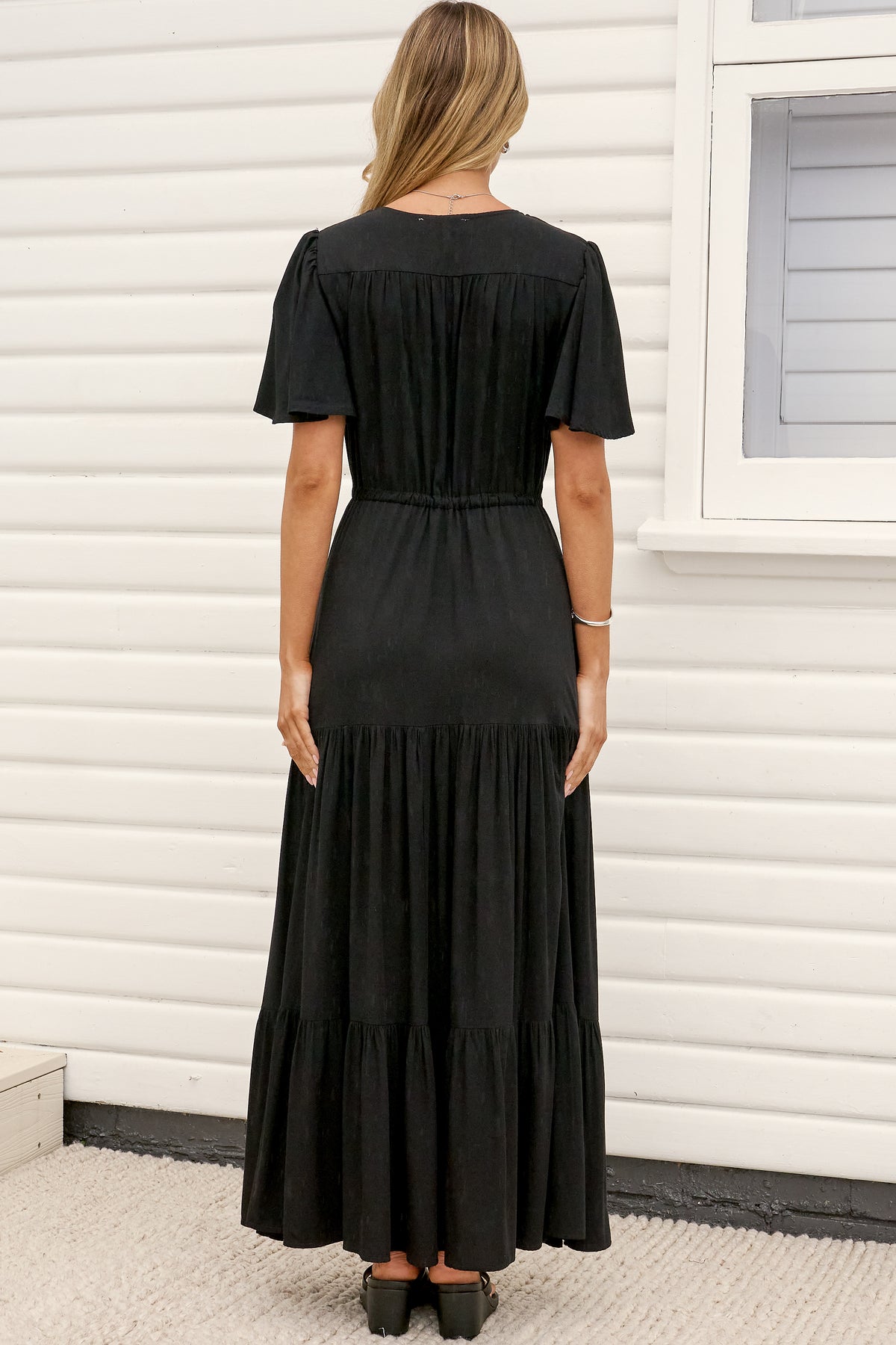 Anya Maxi Dress - Flutter Cap Sleeve Pull Tie Waist Dress in Black