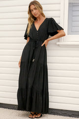 Anya Maxi Dress - Flutter Cap Sleeve Pull Tie Waist Dress in Black