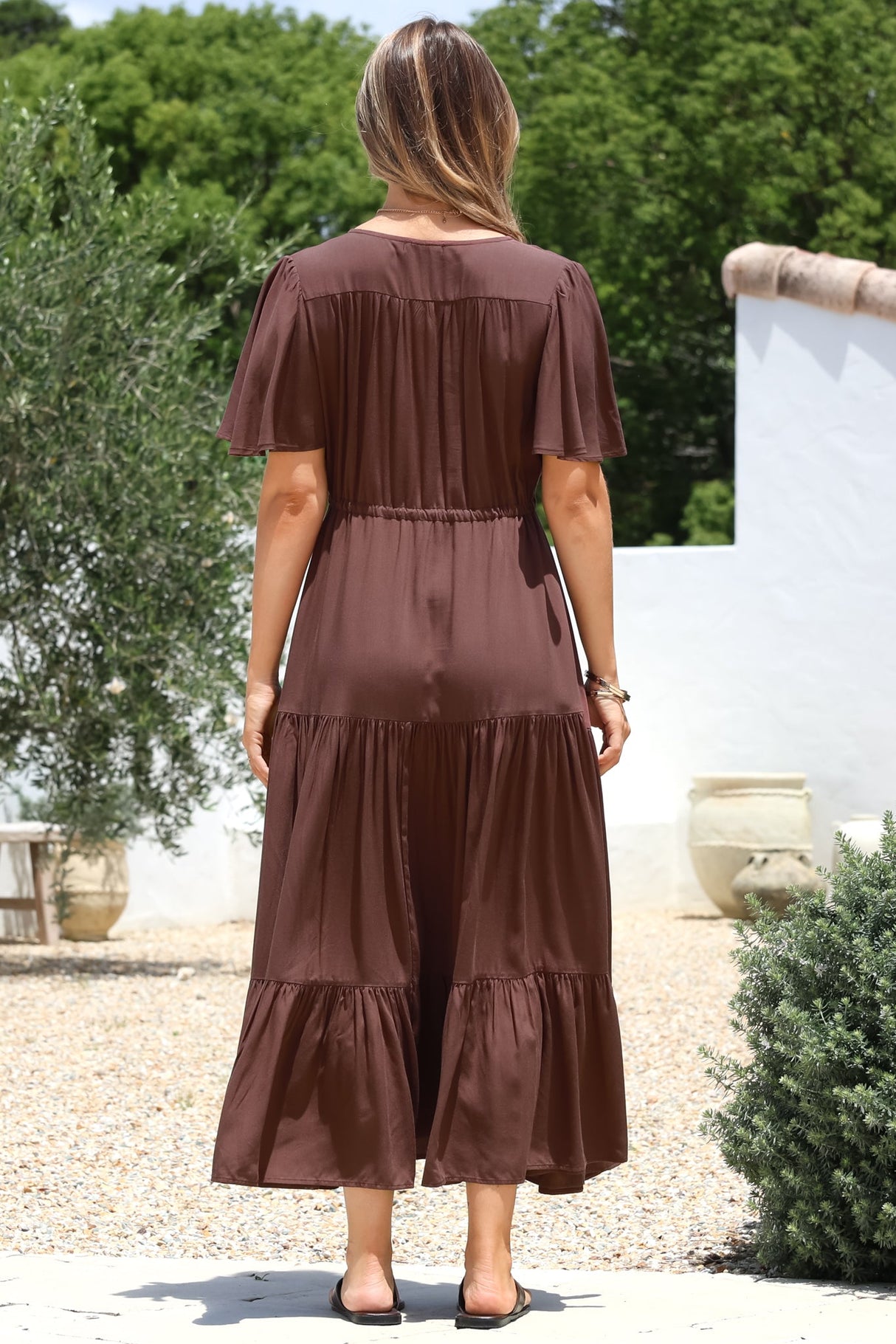 Anya Maxi Dress - Flutter Cap Sleeve Pull Tie Waist Dress in Chocolate