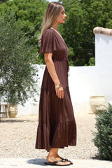 Anya Maxi Dress - Flutter Cap Sleeve Pull Tie Waist Dress in Chocolate