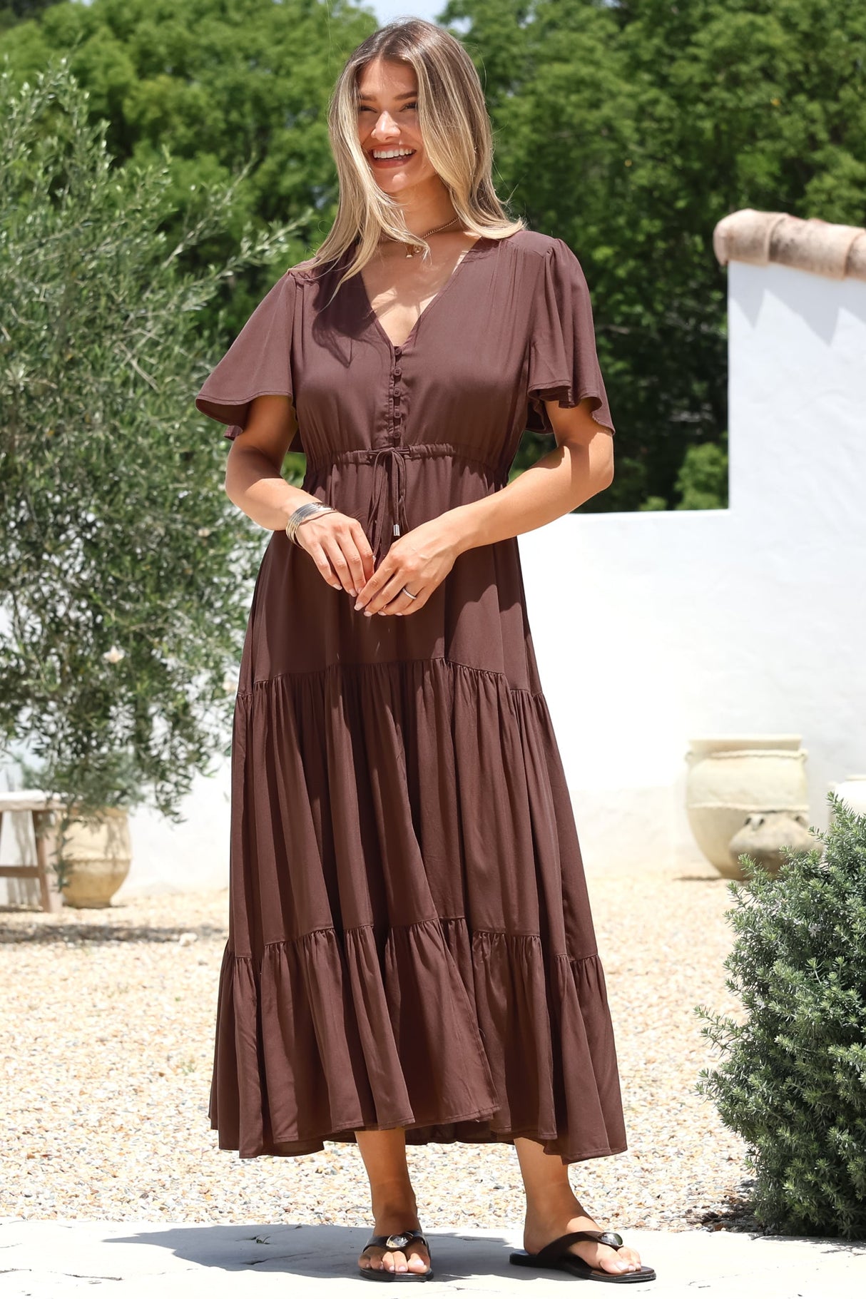 Anya Maxi Dress - Flutter Cap Sleeve Pull Tie Waist Dress in Chocolate