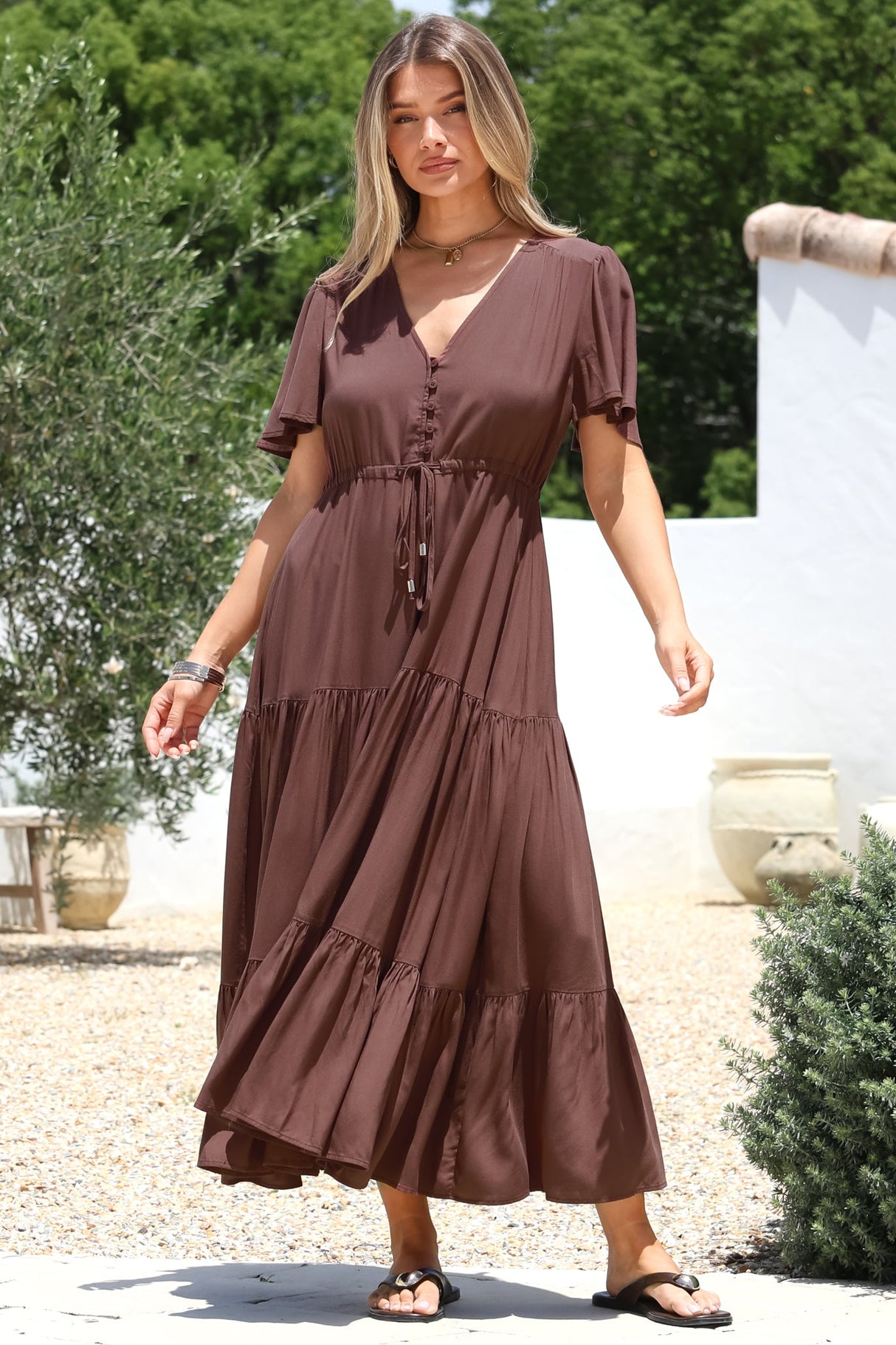 Anya Maxi Dress - Flutter Cap Sleeve Pull Tie Waist Dress in Chocolate