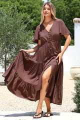 Anya Maxi Dress - Flutter Cap Sleeve Pull Tie Waist Dress in Chocolate