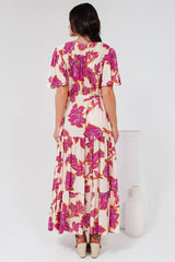 Anya Maxi Dress - Flutter Cap Sleeve Pull Tie Waist Dress in Kalia Print Cream