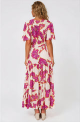 Anya Maxi Dress - Flutter Cap Sleeve Pull Tie Waist Dress in Kalia Print Cream