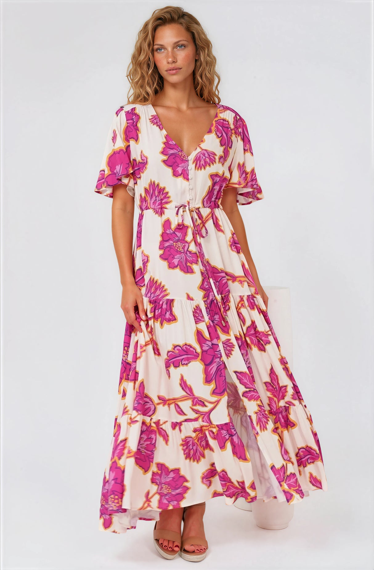 Anya Maxi Dress - Flutter Cap Sleeve Pull Tie Waist Dress in Kalia Print Cream