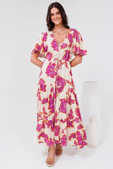 Anya Maxi Dress - Flutter Cap Sleeve Pull Tie Waist Dress in Kalia Print Cream