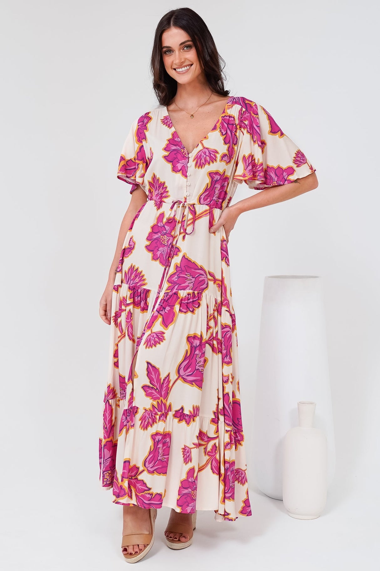 Anya Maxi Dress - Flutter Cap Sleeve Pull Tie Waist Dress in Kalia Print Cream