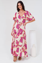 Anya Maxi Dress - Flutter Cap Sleeve Pull Tie Waist Dress in Kalia Print Cream