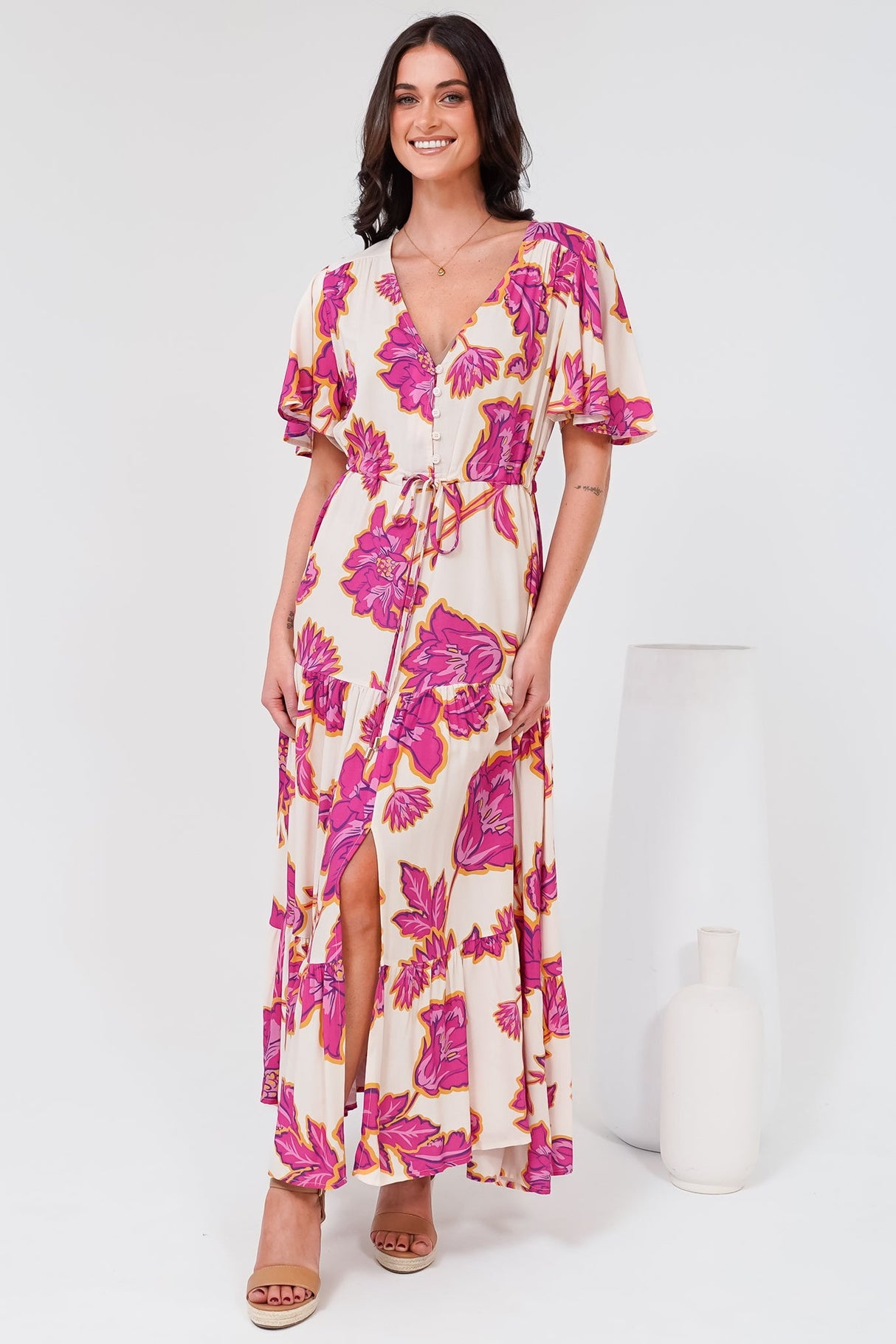 Anya Maxi Dress - Flutter Cap Sleeve Pull Tie Waist Dress in Kalia Print Cream