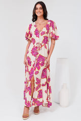 Anya Maxi Dress - Flutter Cap Sleeve Pull Tie Waist Dress in Kalia Print Cream