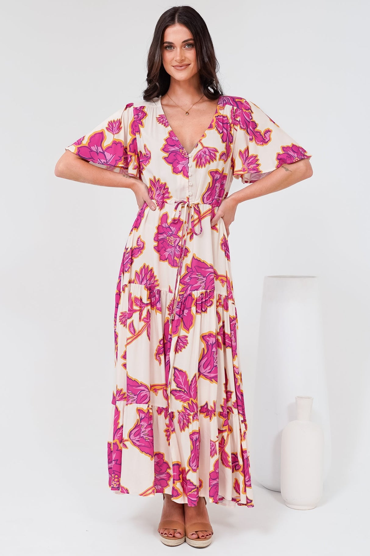Anya Maxi Dress - Flutter Cap Sleeve Pull Tie Waist Dress in Kalia Print Cream