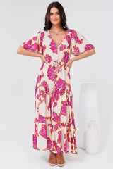 Anya Maxi Dress - Flutter Cap Sleeve Pull Tie Waist Dress in Kalia Print Cream