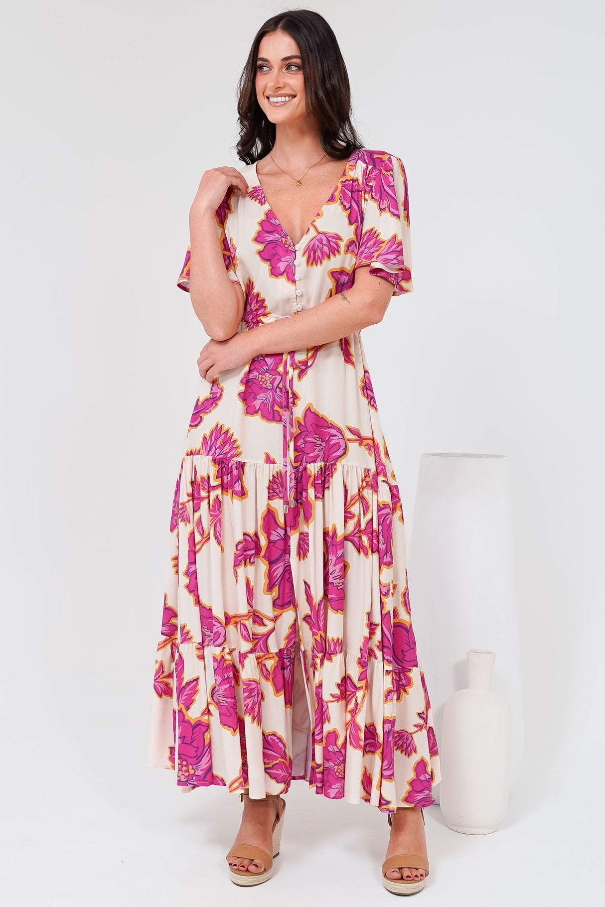 Anya Maxi Dress - Flutter Cap Sleeve Pull Tie Waist Dress in Kalia Print Cream