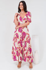 Anya Maxi Dress - Flutter Cap Sleeve Pull Tie Waist Dress in Kalia Print Cream