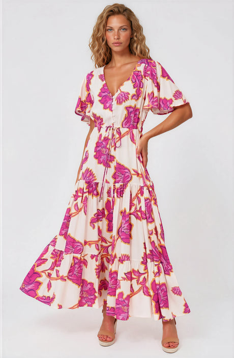 Model wearing Anya Maxi Dress in Kaila Print Cream from Salty Crush