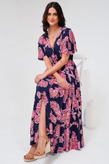 Anya Maxi Dress - Flutter Cap Sleeve Pull Tie Waist Dress in Kalia Print Navy