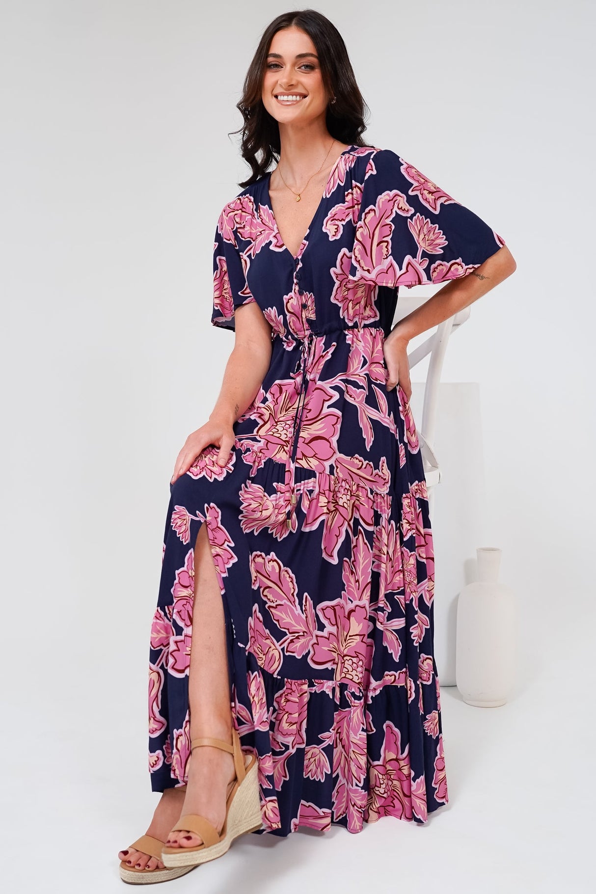 Anya Maxi Dress - Flutter Cap Sleeve Pull Tie Waist Dress in Kalia Print Navy