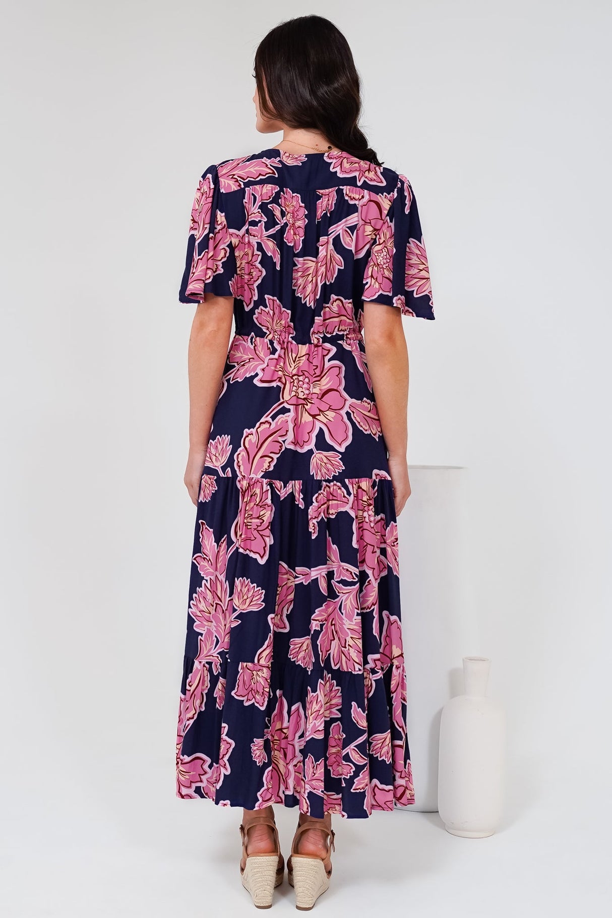 Anya Maxi Dress - Flutter Cap Sleeve Pull Tie Waist Dress in Kalia Print Navy