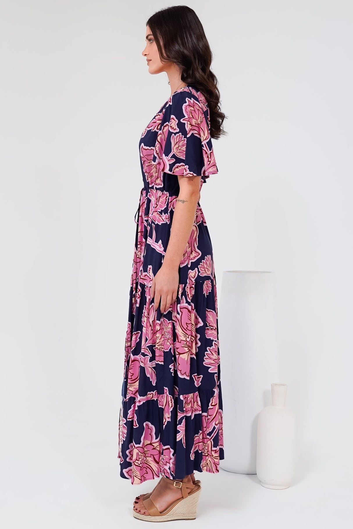 Anya Maxi Dress - Flutter Cap Sleeve Pull Tie Waist Dress in Kalia Print Navy