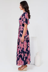 Anya Maxi Dress - Flutter Cap Sleeve Pull Tie Waist Dress in Kalia Print Navy