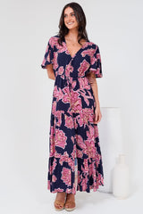 Anya Maxi Dress - Flutter Cap Sleeve Pull Tie Waist Dress in Kalia Print Navy