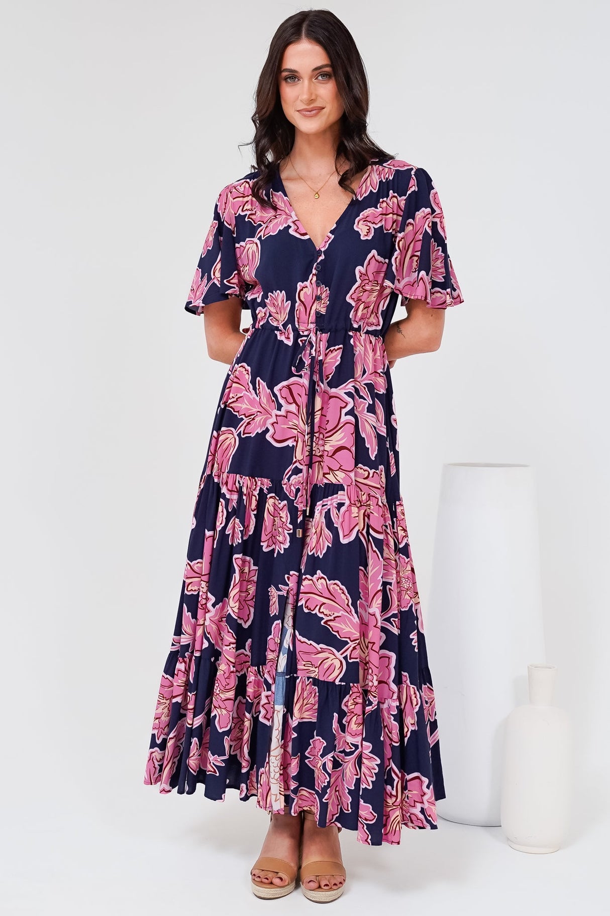 Anya Maxi Dress - Flutter Cap Sleeve Pull Tie Waist Dress in Kalia Print Navy
