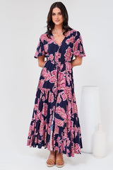 Anya Maxi Dress - Flutter Cap Sleeve Pull Tie Waist Dress in Kalia Print Navy