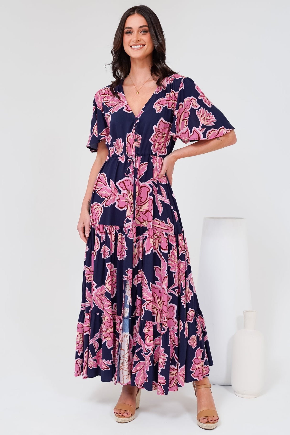 Anya Maxi Dress - Flutter Cap Sleeve Pull Tie Waist Dress in Kalia Print Navy