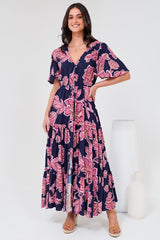 Anya Maxi Dress - Flutter Cap Sleeve Pull Tie Waist Dress in Kalia Print Navy